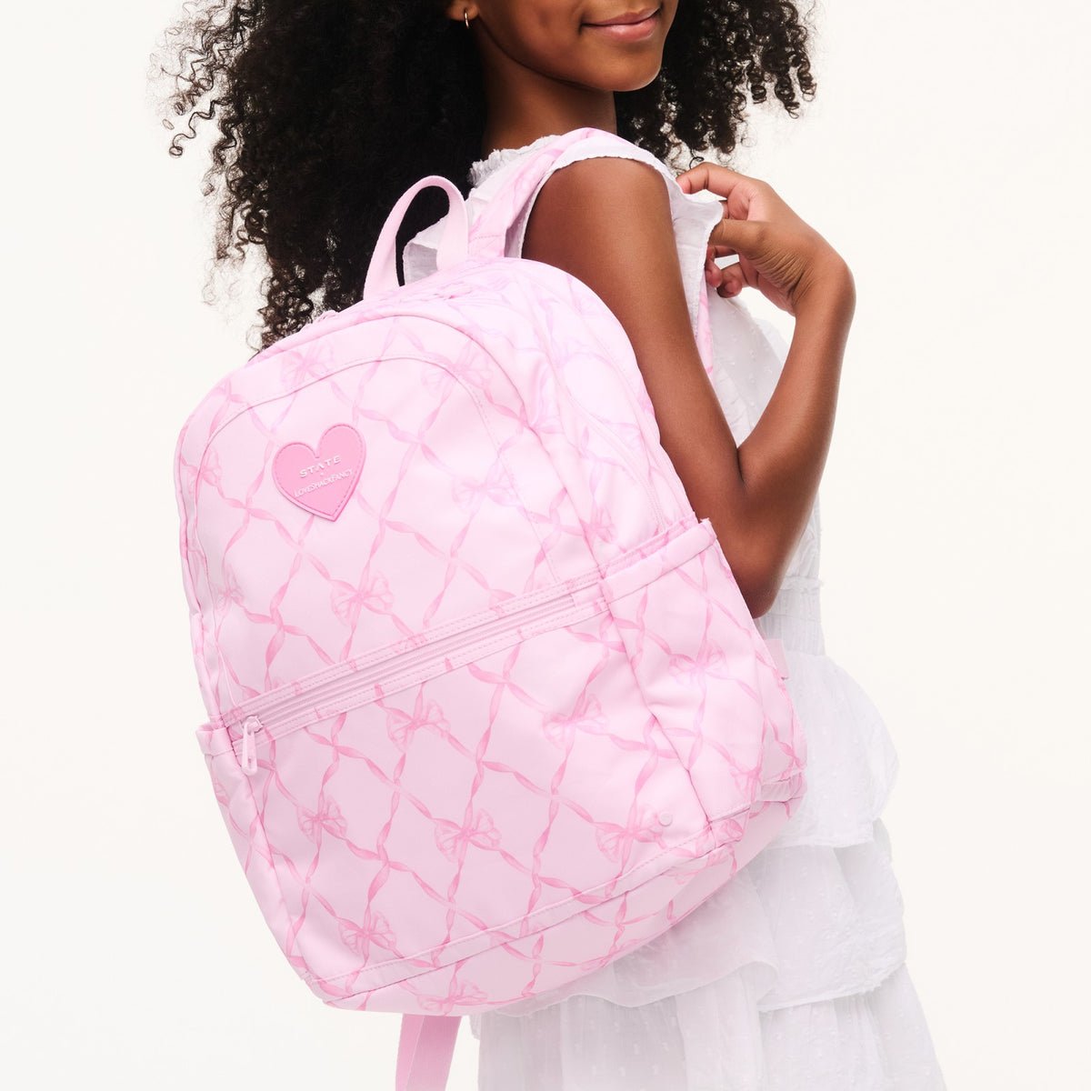 STATE x LoveShackFancy Kane Double Pocket Backpack Recycled Polyester Canvas Pink Peppermint
