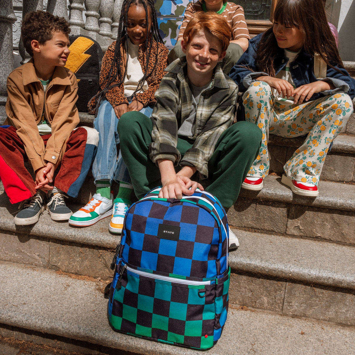 Kane Kids Travel Backpack Printed Canvas Blue Checkerboard