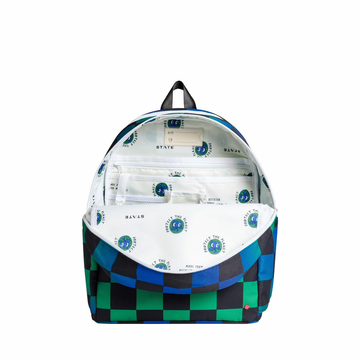 Kane Double Pocket Backpack Recycled Poly Canvas Blue Checkerboard