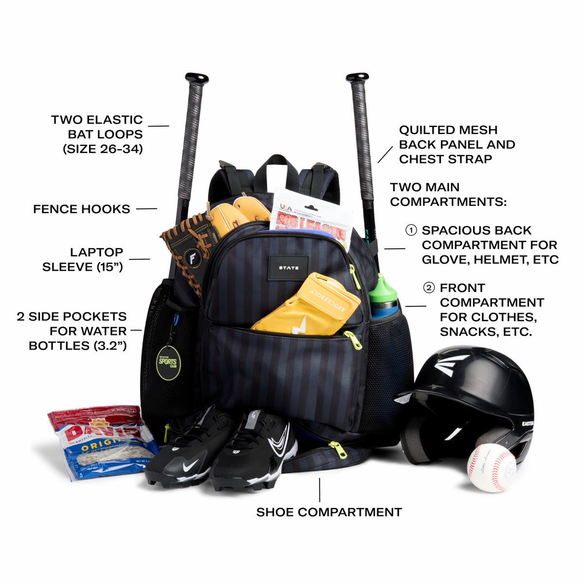 Shea Baseball Backpack Black Grey Striped