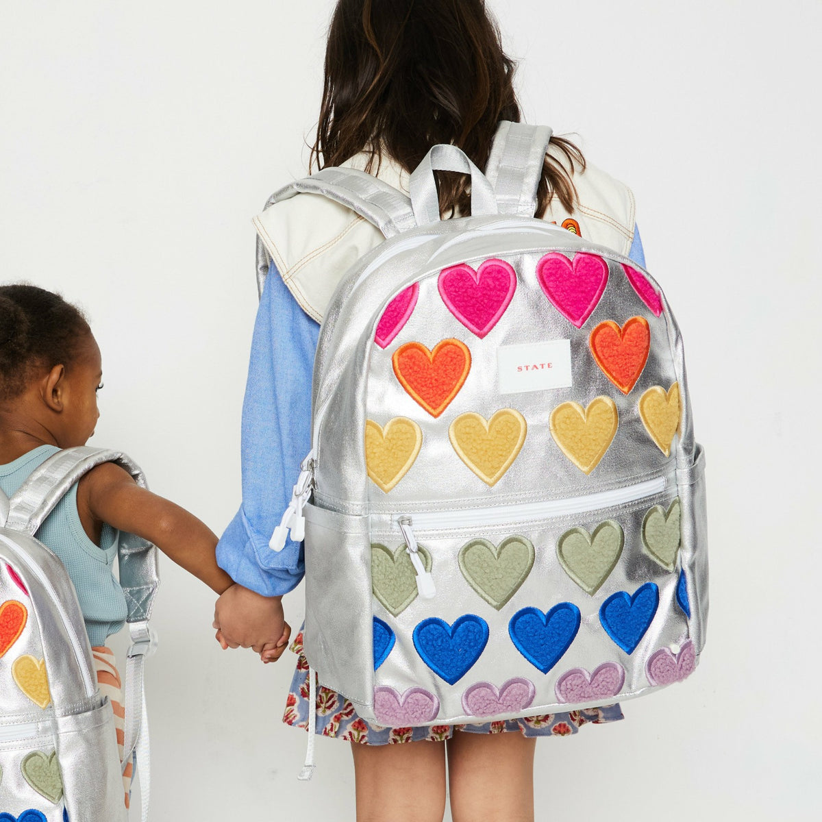 Kane Kids Double Pocket Backpack Metallic Fuzzy Hearts