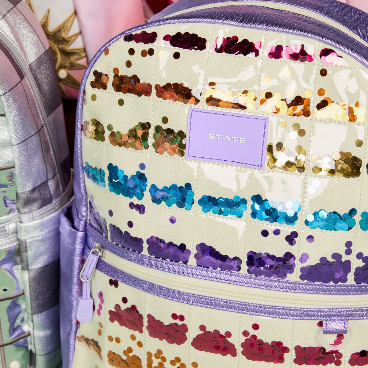 Kane Kids Double Pocket Backpack Metallic Lilac Quilted Sequins
